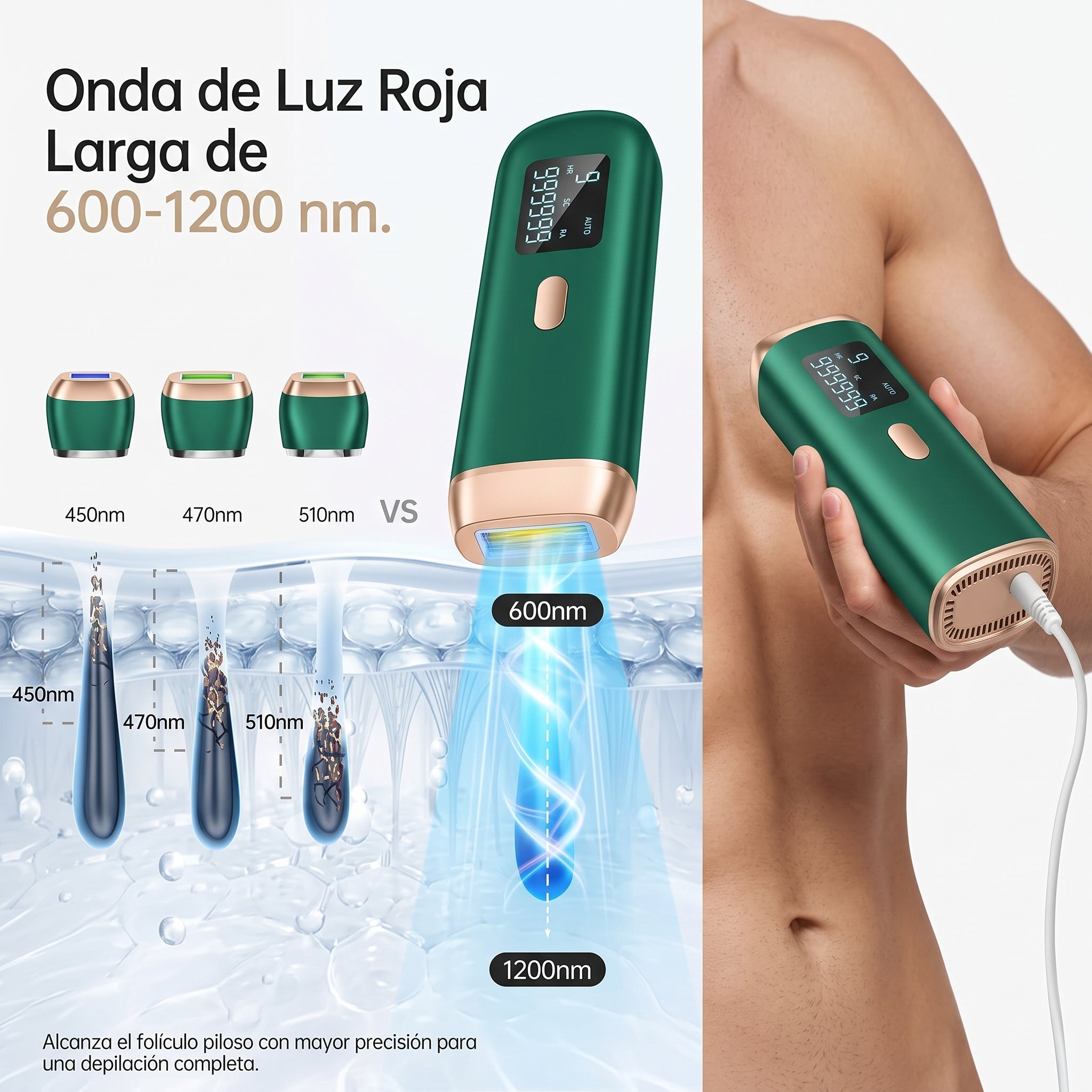 Onda de luz roja larga de 600-1200 nm para máxima precisión en el folículo